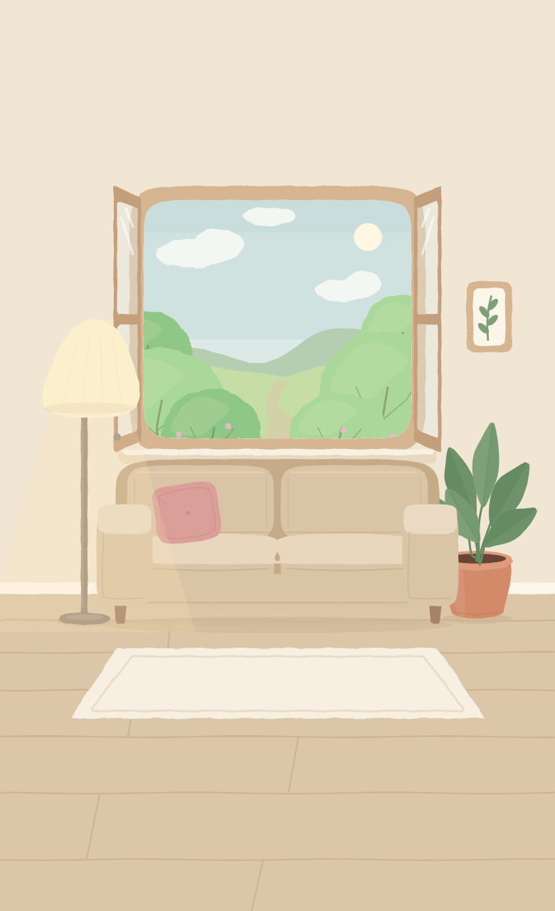Kamar dengan lampu, sofa, dan karpet krem